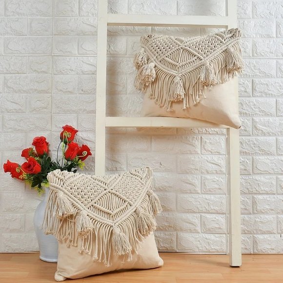 pepme Other - Macrame Front triangle diamond latkan cushion cover, 16x16